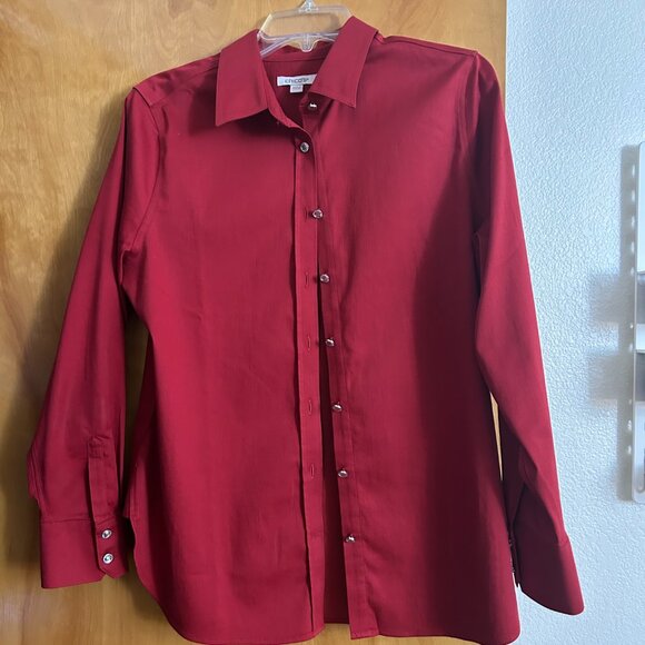 Chico's Women's Button-Up Long Sleeve Shirt Maroon Size 1 Rhinestone Button - Picture 1 of 3